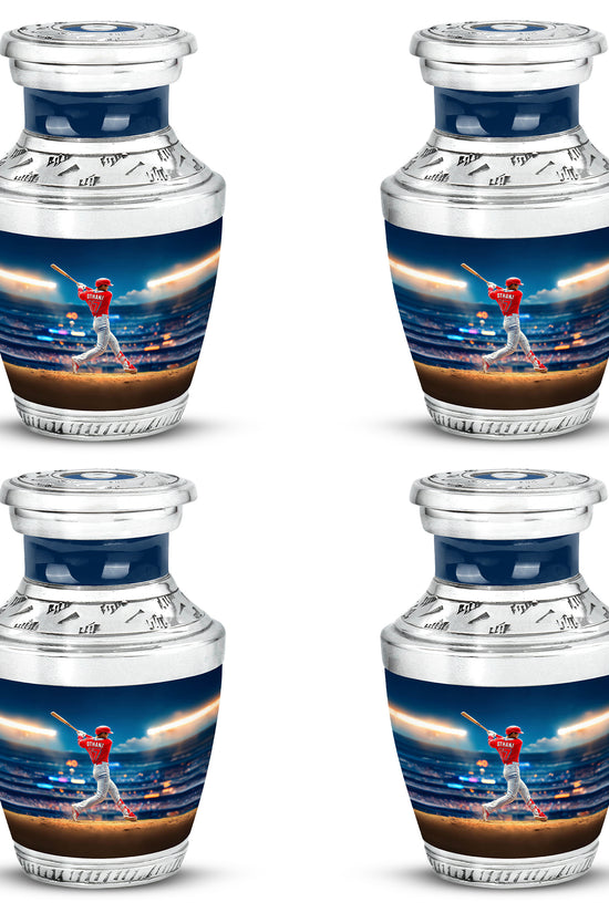 Dusty Blue Baseball Cremation Urn back view with polished surface - contemporary baseball design with modern artistic flair - 10 inch aluminum urn for cremated remains