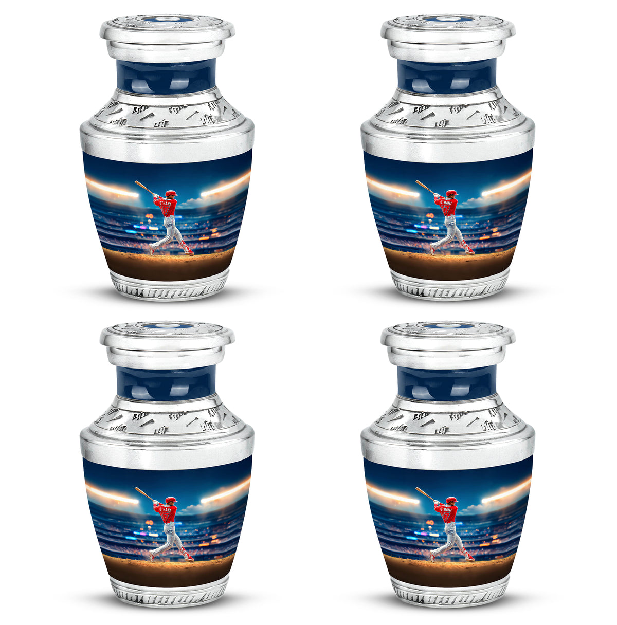 Dusty Blue Baseball Cremation Urn back view with polished surface - contemporary baseball design with modern artistic flair - 10 inch aluminum urn for cremated remains