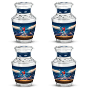 Dusty Blue Baseball Cremation Urn back view with polished surface - contemporary baseball design with modern artistic flair - 10 inch aluminum urn for cremated remains