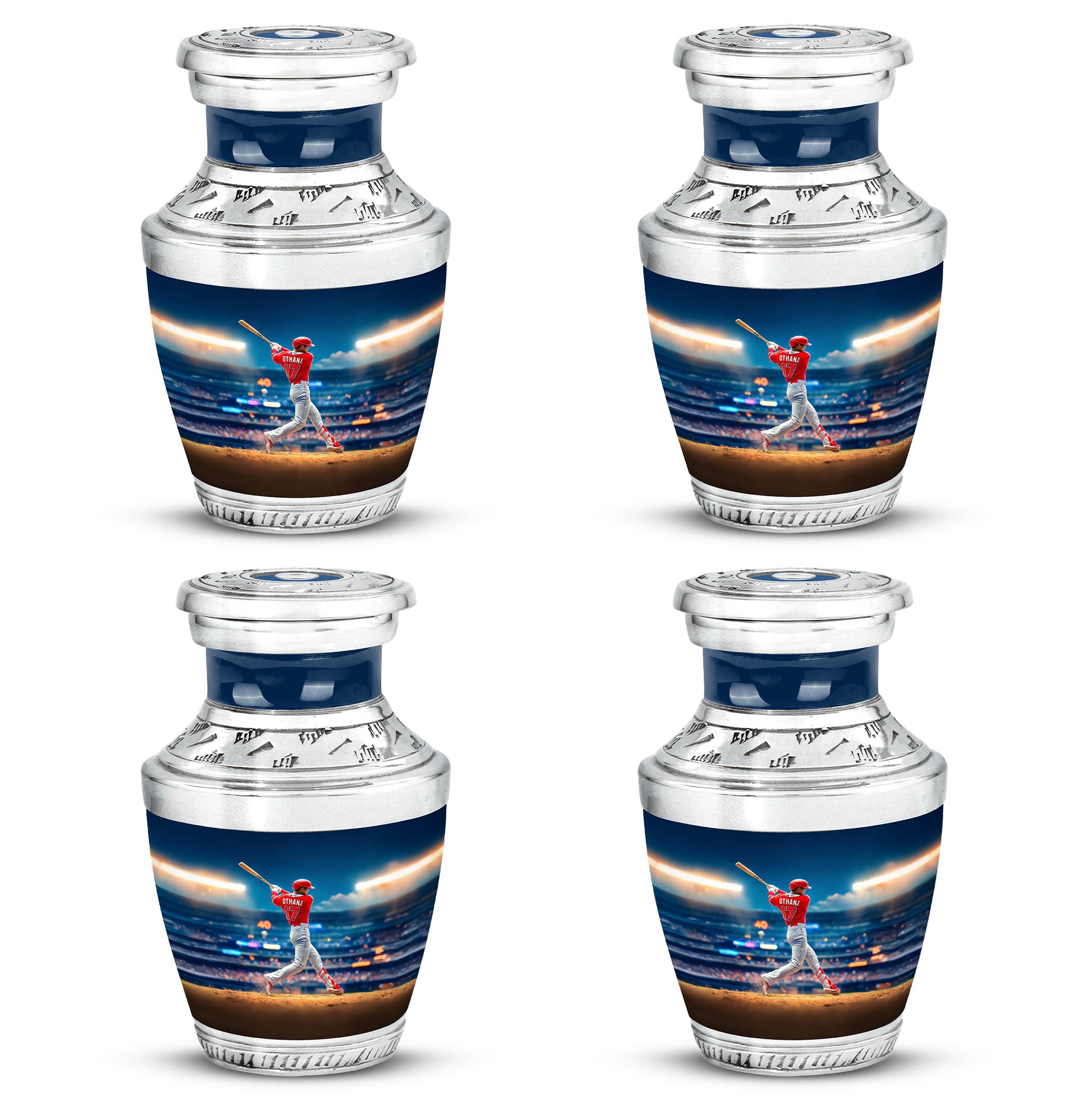 Dusty Blue Baseball Cremation Urn back view with polished surface - contemporary baseball design with modern artistic flair - 10 inch aluminum urn for cremated remains