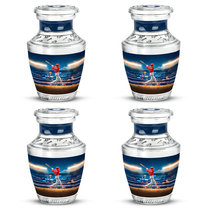Dusty Blue Baseball Cremation Urn back view with polished surface - contemporary baseball design with modern artistic flair - 10 inch aluminum urn for cremated remains