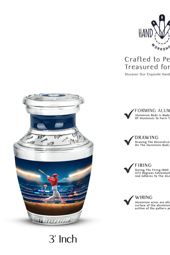 Indigo Baseball Cremation Urn top-down view of secure threaded lid - contemporary baseball design with modern artistic flair - mini keepsake memorial for portion of cremation ashes