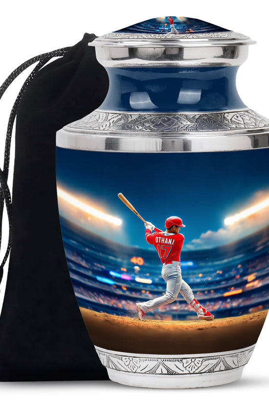 Celestial Blue Baseball Cremation Urn side profile showing urn shape - contemporary baseball design with modern artistic flair - full-size 10 inch 200 cubic inch adult cremation urn