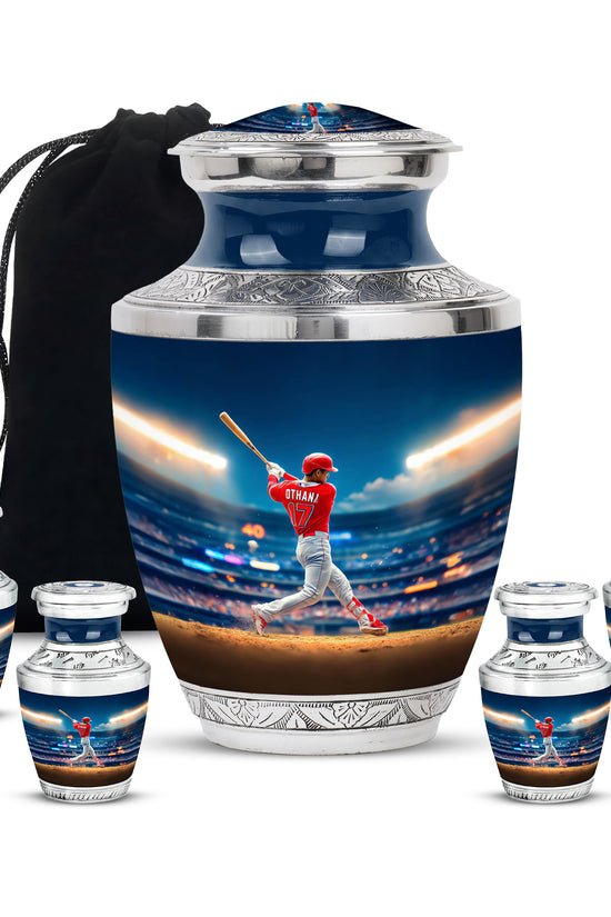 Navy Blue Baseball Cremation Urn lifestyle display on memorial shelf - contemporary baseball design with modern artistic flair - memorial set with one large and four small urns