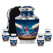 Navy Blue Baseball Cremation Urn lifestyle display on memorial shelf - contemporary baseball design with modern artistic flair - memorial set with one large and four small urns