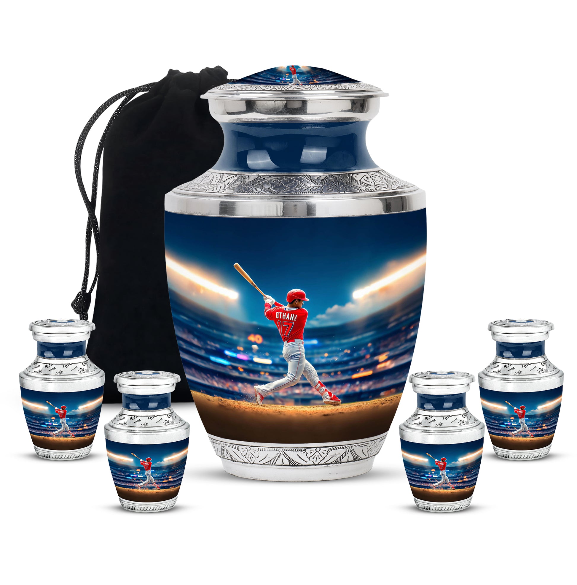 Navy Blue Baseball Cremation Urn lifestyle display on memorial shelf - contemporary baseball design with modern artistic flair - memorial set with one large and four small urns