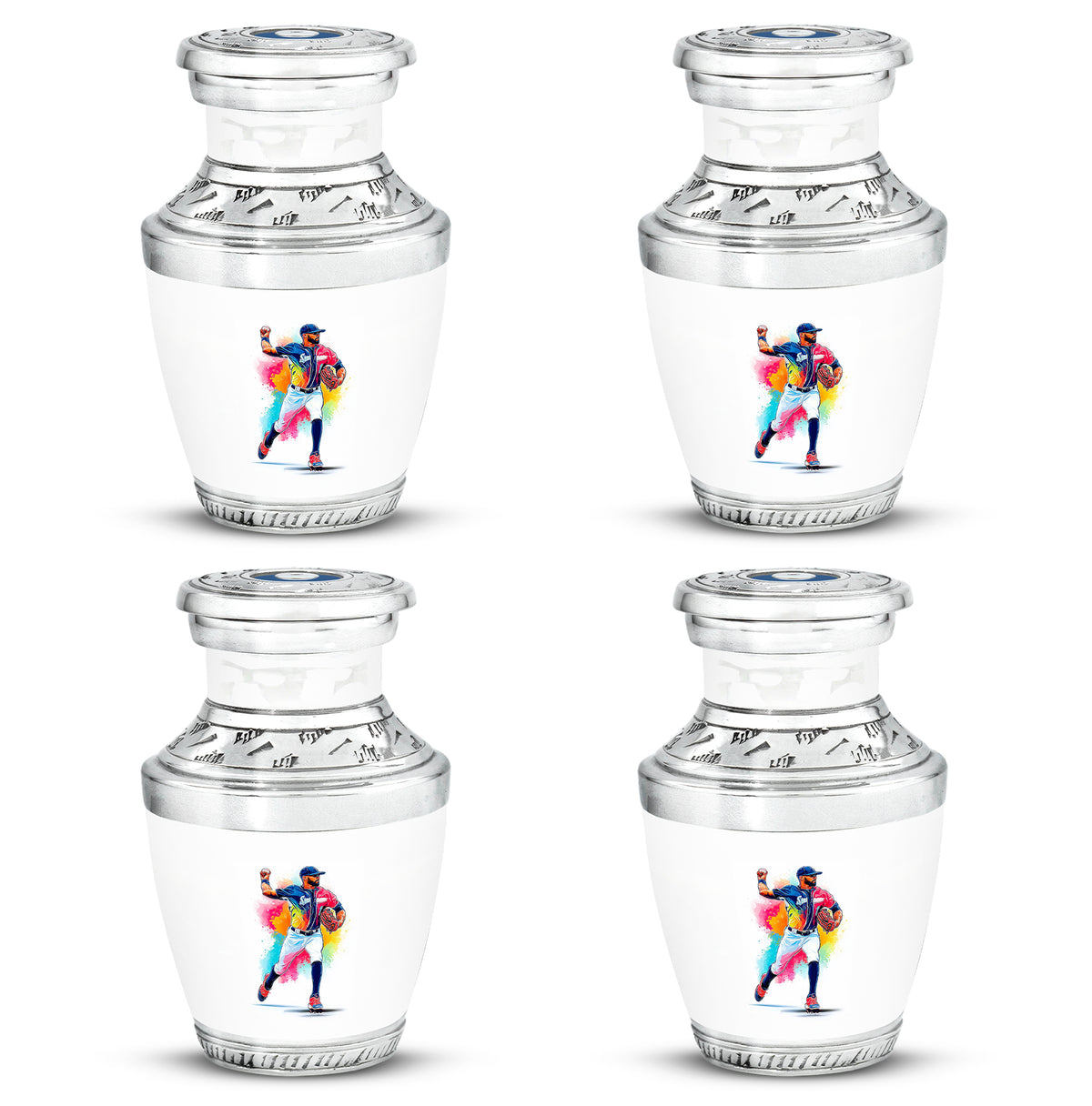 Alabaster White Baseball Cremation Urn back view with polished surface - contemporary baseball design with modern artistic flair - 10 inch aluminum urn for cremated remains