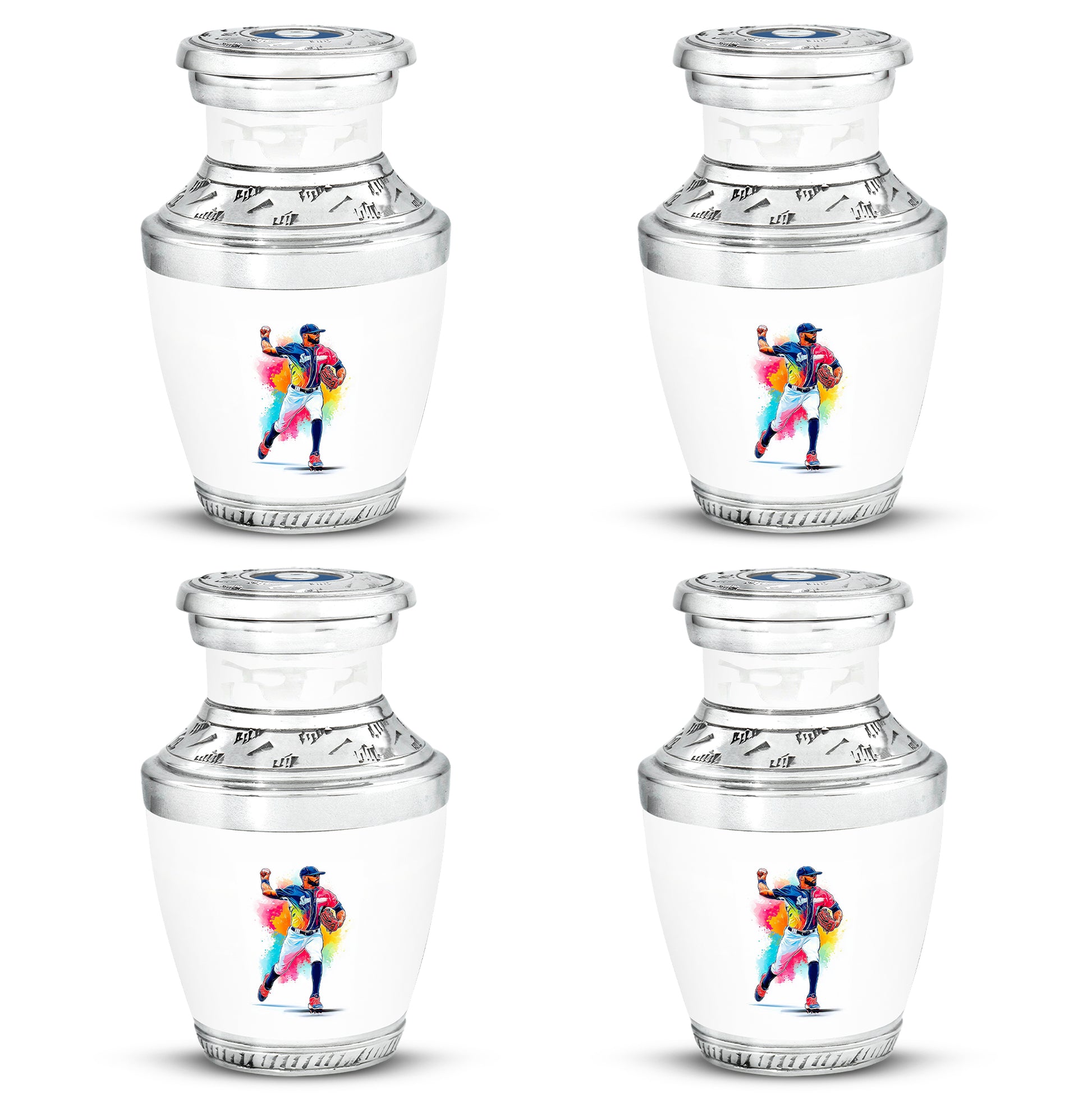 Alabaster White Baseball Cremation Urn back view with polished surface - contemporary baseball design with modern artistic flair - 10 inch aluminum urn for cremated remains