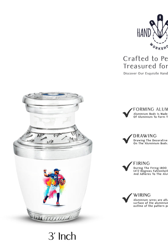 Cloud White Baseball Cremation Urn top-down view of secure threaded lid - stylized abstract baseball pattern with bold lines - mini keepsake memorial for portion of cremation ashes