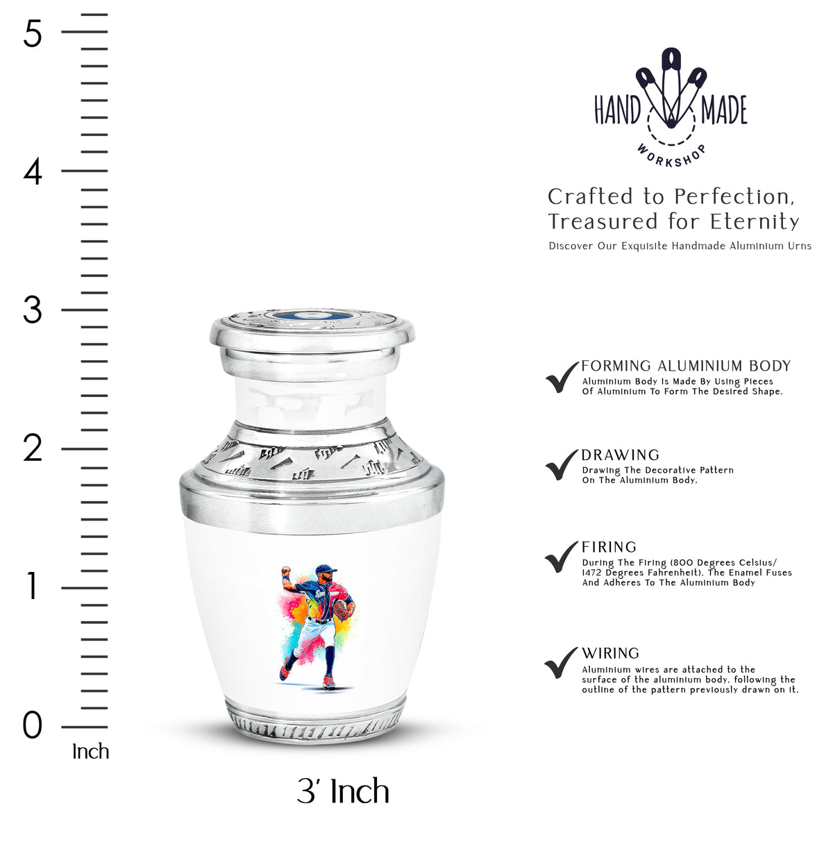 Cloud White Baseball Cremation Urn top-down view of secure threaded lid - stylized abstract baseball pattern with bold lines - mini keepsake memorial for portion of cremation ashes