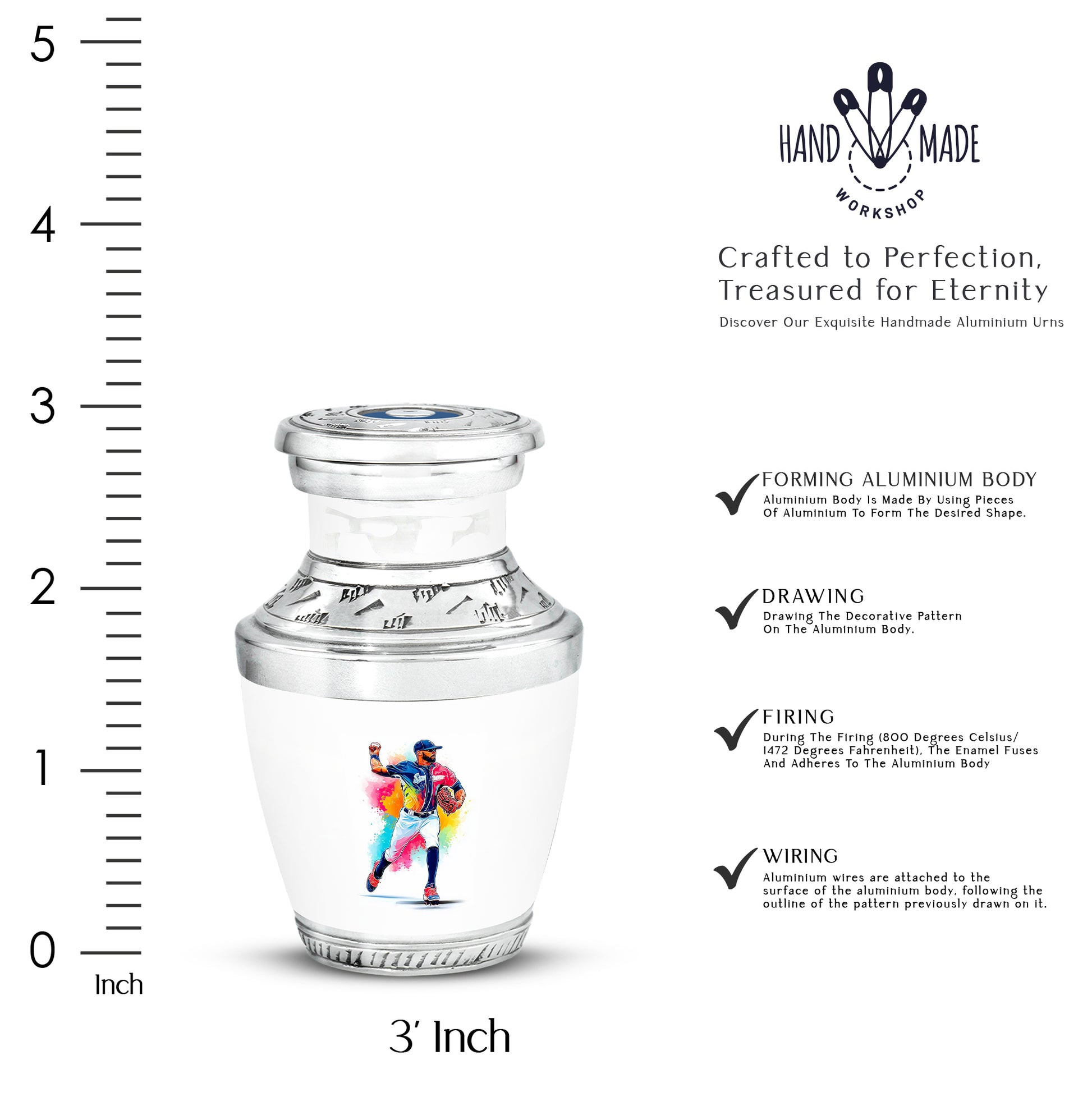 Cloud White Baseball Cremation Urn top-down view of secure threaded lid - stylized abstract baseball pattern with bold lines - mini keepsake memorial for portion of cremation ashes