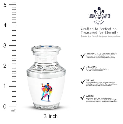 Cloud White Baseball Cremation Urn top-down view of secure threaded lid - stylized abstract baseball pattern with bold lines - mini keepsake memorial for portion of cremation ashes