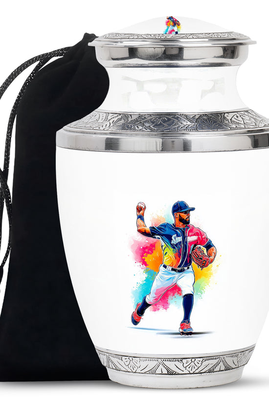Frost White Baseball Cremation Urn side profile showing urn shape - modern art-inspired baseball motif on sleek aluminum - full-size 10 inch 200 cubic inch adult cremation urn
