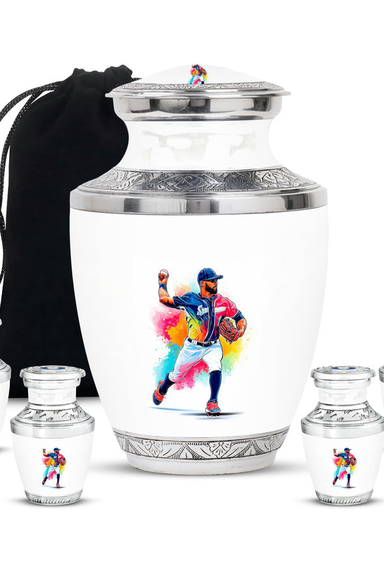 Pearl White Baseball Cremation Urn lifestyle display on memorial shelf - artistic baseball interpretation with creative detail - memorial set with one large and four small urns