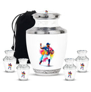 Pearl White Baseball Cremation Urn lifestyle display on memorial shelf - artistic baseball interpretation with creative detail - memorial set with one large and four small urns