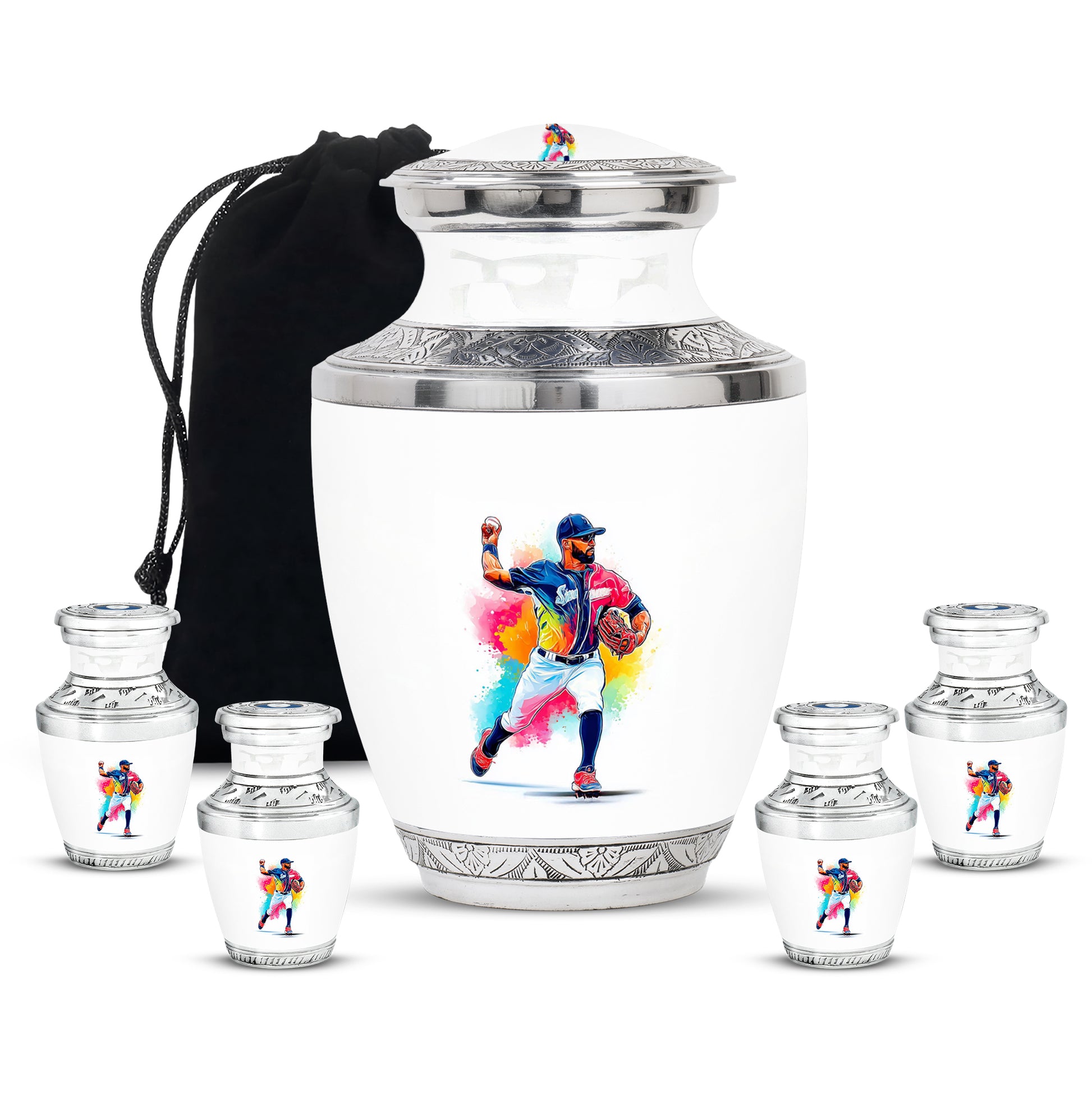 Pearl White Baseball Cremation Urn lifestyle display on memorial shelf - artistic baseball interpretation with creative detail - memorial set with one large and four small urns