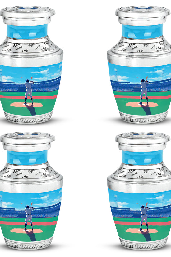 Pastel Blue Baseball Cremation Urn back view with polished surface - modern art-inspired baseball motif on sleek aluminum - 10 inch aluminum urn for cremated remains
