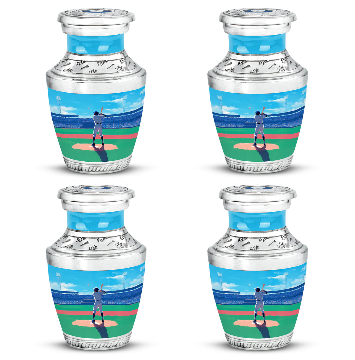 Pastel Blue Baseball Cremation Urn back view with polished surface - modern art-inspired baseball motif on sleek aluminum - 10 inch aluminum urn for cremated remains