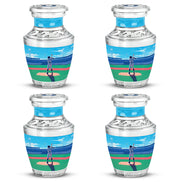 Pastel Blue Baseball Cremation Urn back view with polished surface - modern art-inspired baseball motif on sleek aluminum - 10 inch aluminum urn for cremated remains
