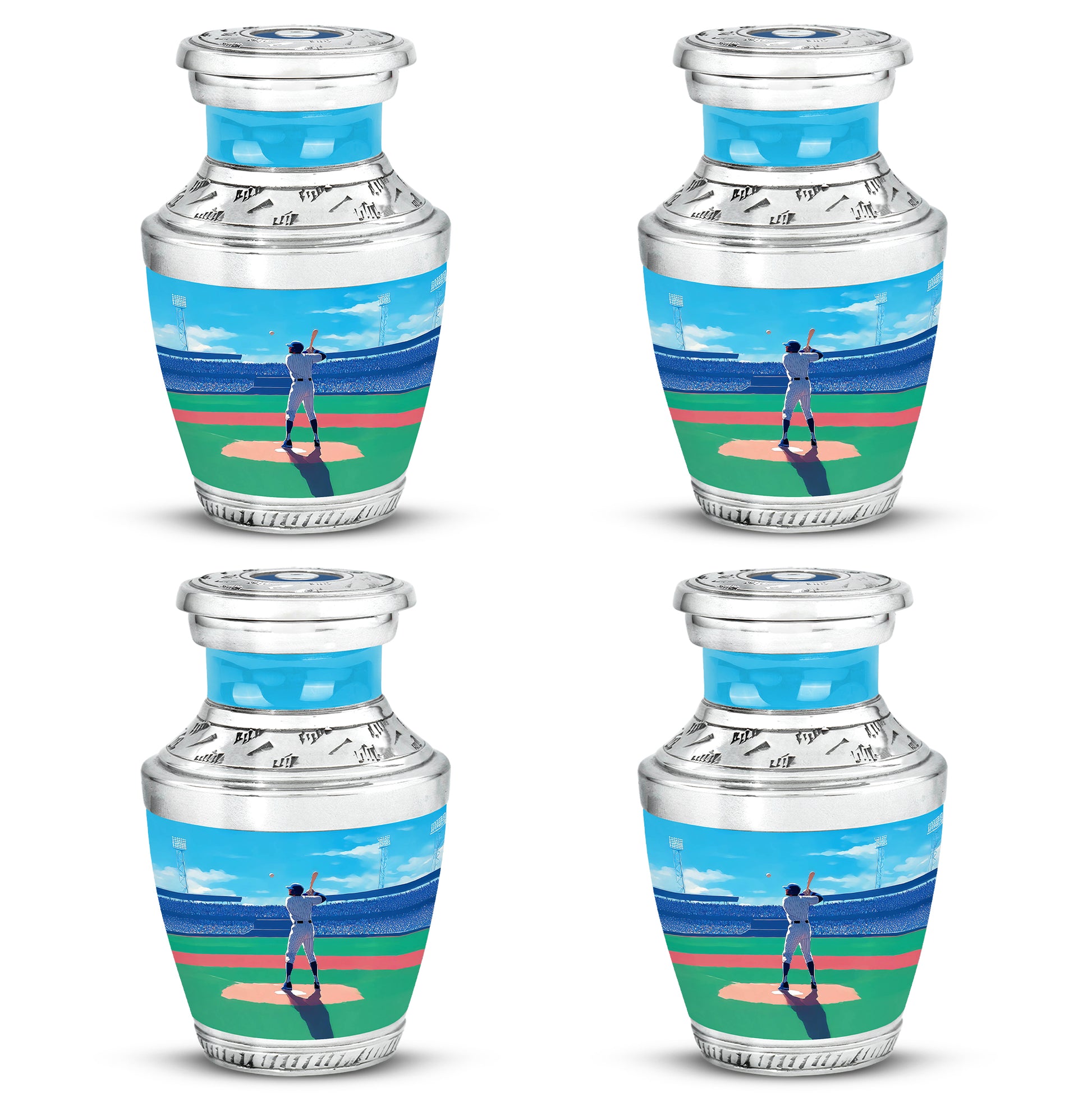 Pastel Blue Baseball Cremation Urn back view with polished surface - modern art-inspired baseball motif on sleek aluminum - 10 inch aluminum urn for cremated remains