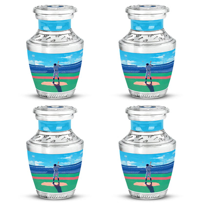 Pastel Blue Baseball Cremation Urn back view with polished surface - modern art-inspired baseball motif on sleek aluminum - 10 inch aluminum urn for cremated remains