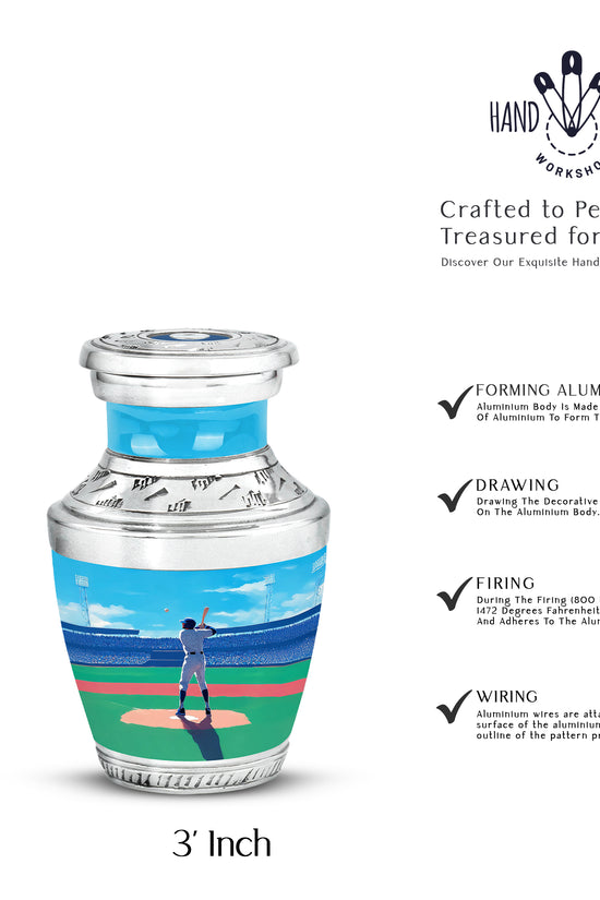 Azure Baseball Cremation Urn top-down view of secure threaded lid - contemporary baseball design with modern artistic flair - mini keepsake memorial for portion of cremation ashes