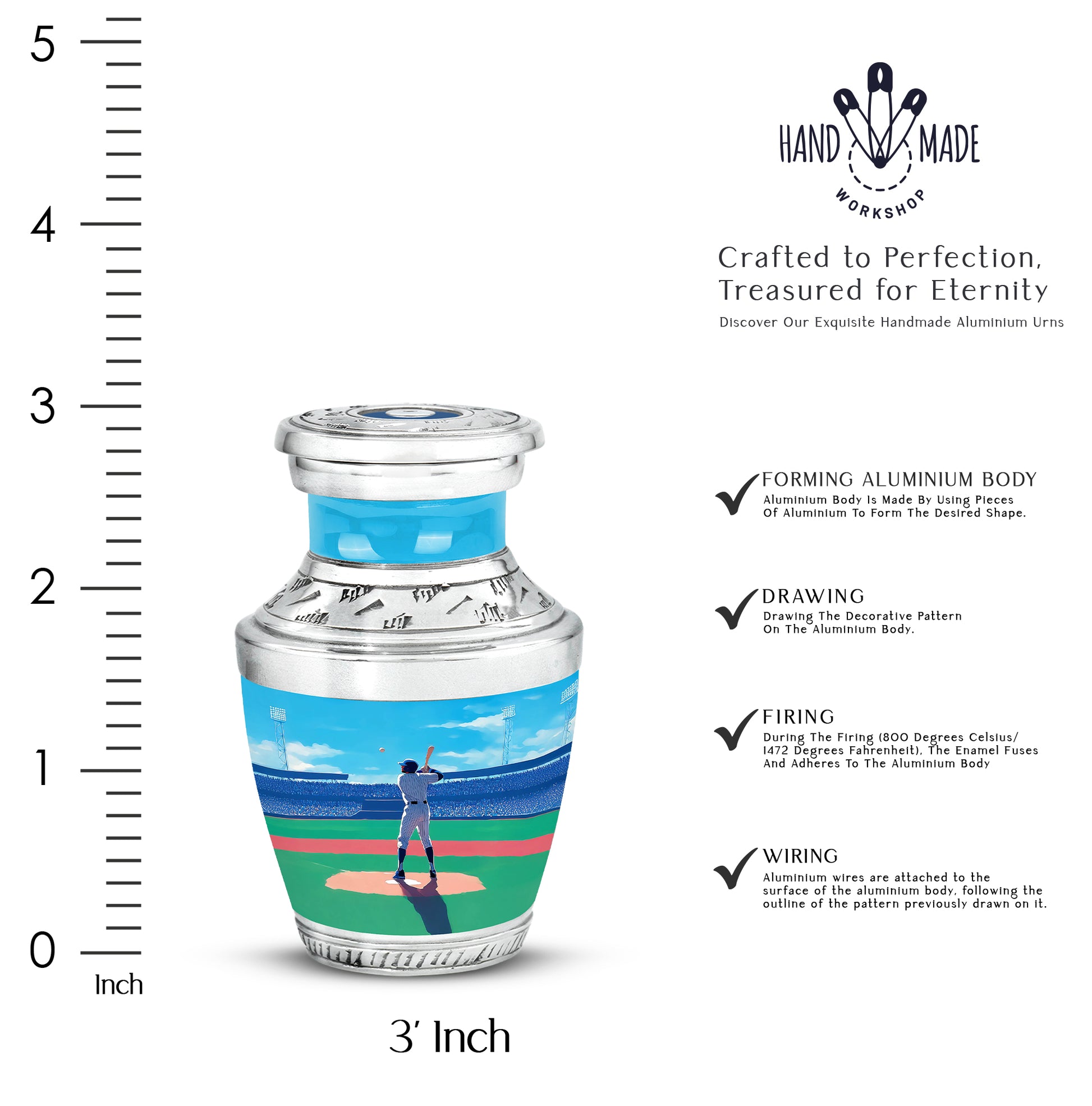 Azure Baseball Cremation Urn top-down view of secure threaded lid - contemporary baseball design with modern artistic flair - mini keepsake memorial for portion of cremation ashes