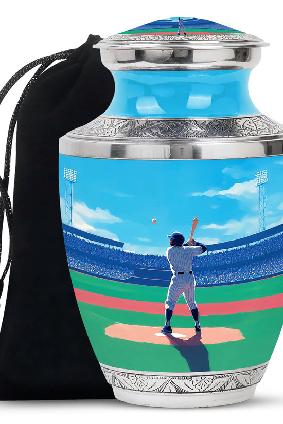 Powder Blue Baseball Cremation Urn side profile showing urn shape - modern art-inspired baseball motif on sleek aluminum - full-size 10 inch 200 cubic inch adult cremation urn