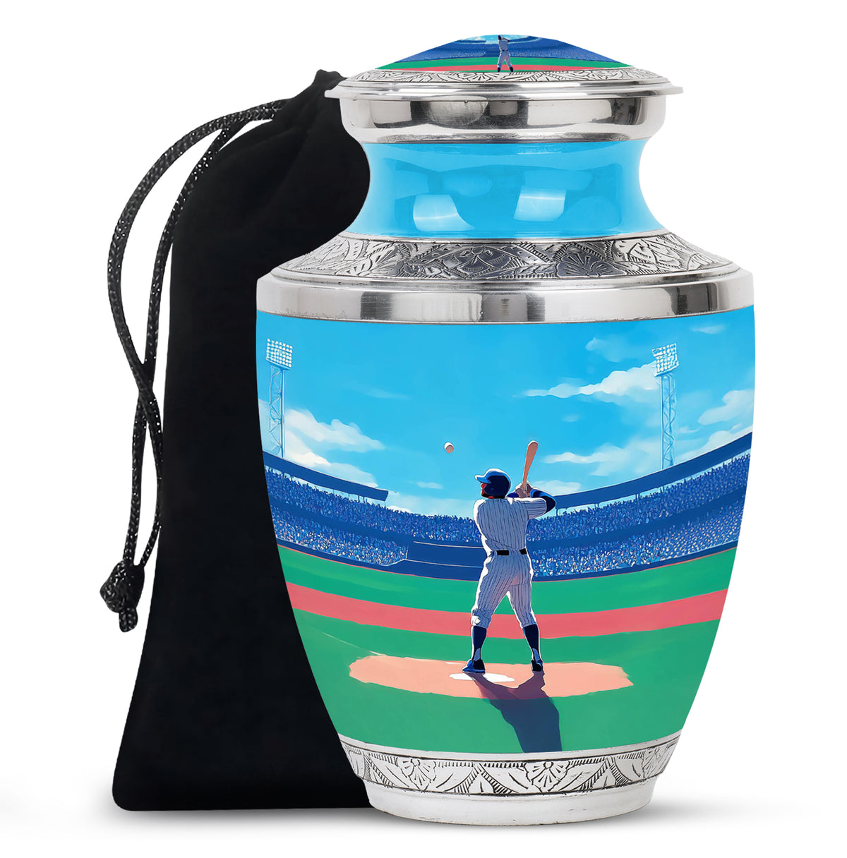 Powder Blue Baseball Cremation Urn side profile showing urn shape - modern art-inspired baseball motif on sleek aluminum - full-size 10 inch 200 cubic inch adult cremation urn