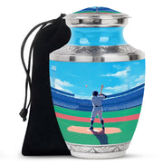 Powder Blue Baseball Cremation Urn side profile showing urn shape - modern art-inspired baseball motif on sleek aluminum - full-size 10 inch 200 cubic inch adult cremation urn