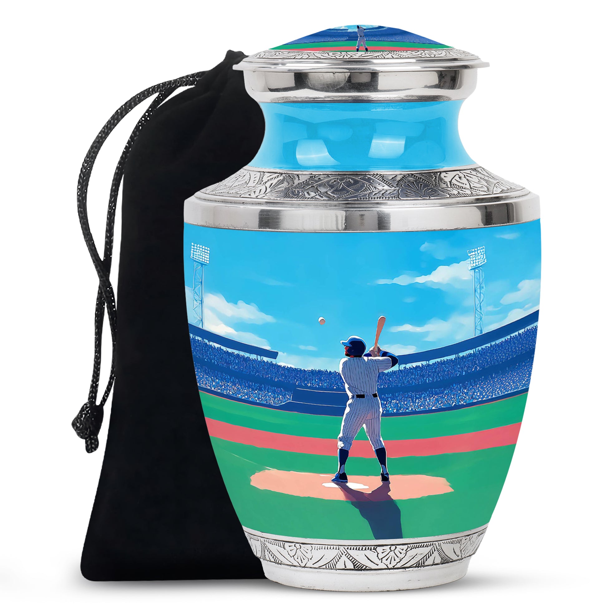 Powder Blue Baseball Cremation Urn side profile showing urn shape - modern art-inspired baseball motif on sleek aluminum - full-size 10 inch 200 cubic inch adult cremation urn