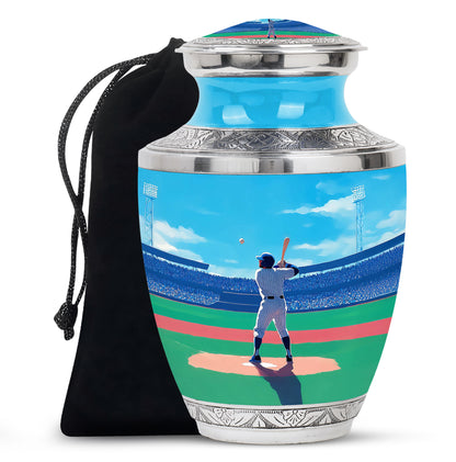 Powder Blue Baseball Cremation Urn side profile showing urn shape - modern art-inspired baseball motif on sleek aluminum - full-size 10 inch 200 cubic inch adult cremation urn