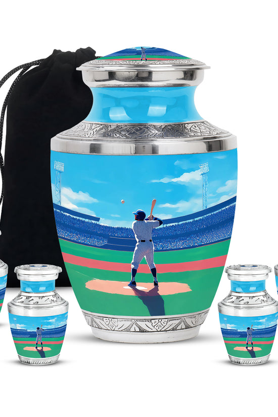 Misty Blue Baseball Cremation Urn lifestyle display on memorial shelf - modern art-inspired baseball motif on sleek aluminum - memorial set with one large and four small urns