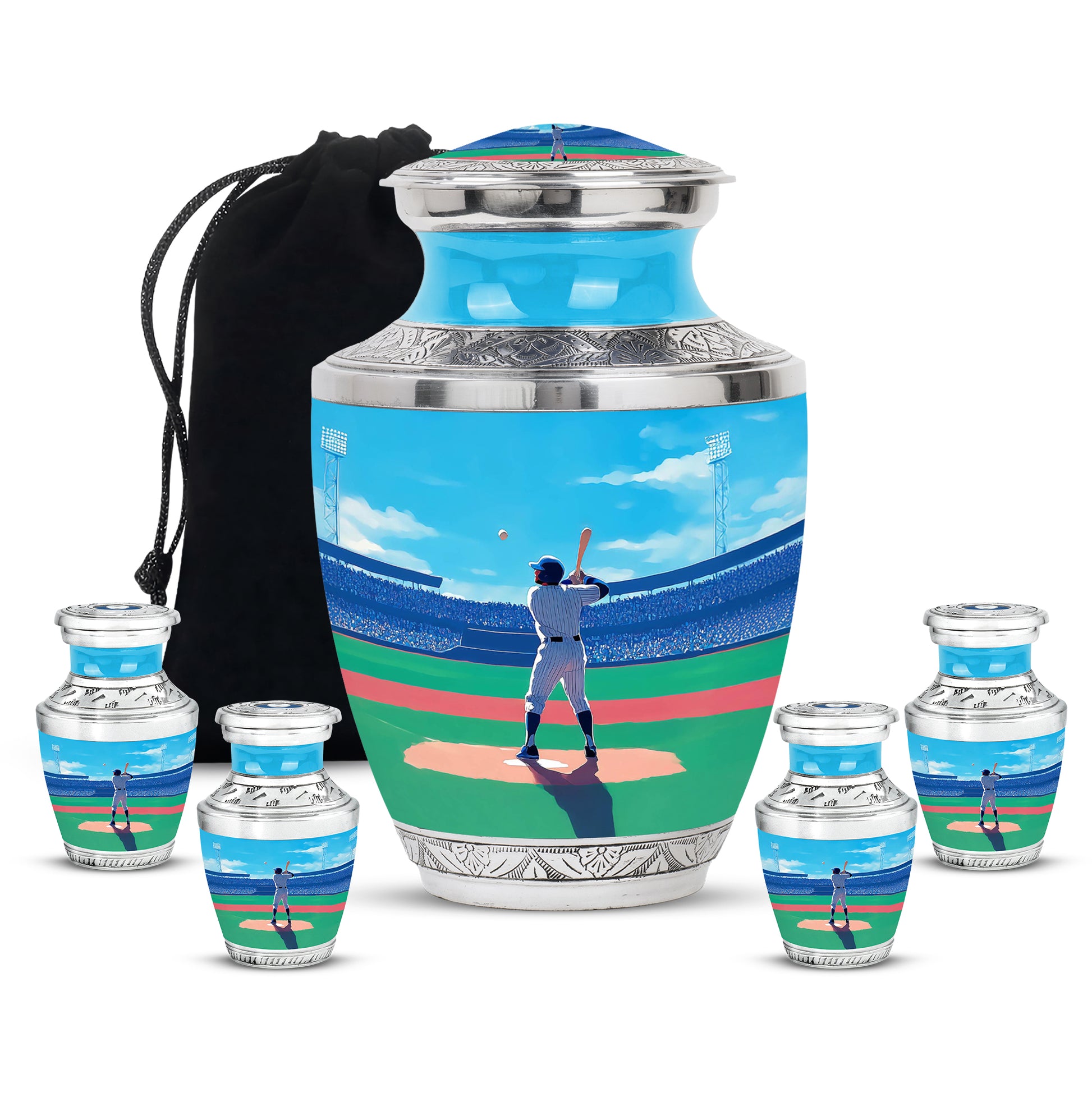 Misty Blue Baseball Cremation Urn lifestyle display on memorial shelf - modern art-inspired baseball motif on sleek aluminum - memorial set with one large and four small urns