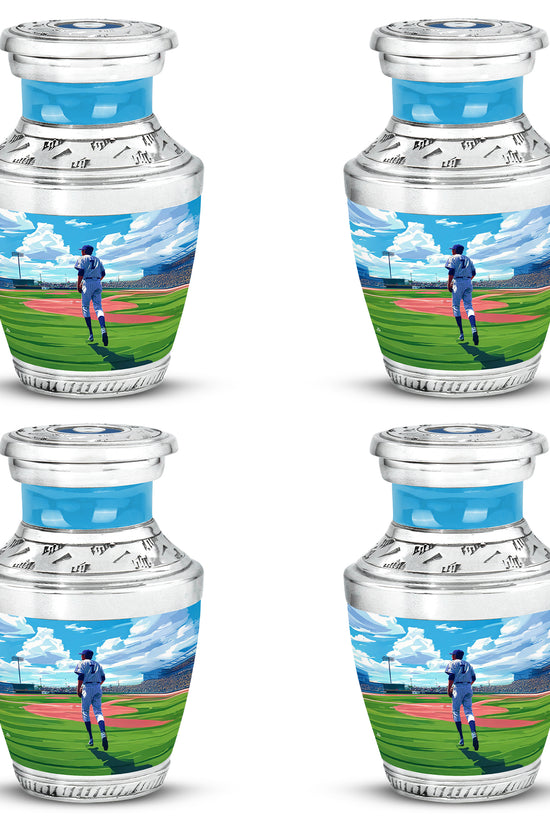 Icy Blue Baseball Cremation Urn back view with polished surface - contemporary baseball design with modern artistic flair - 10 inch aluminum urn for cremated remains