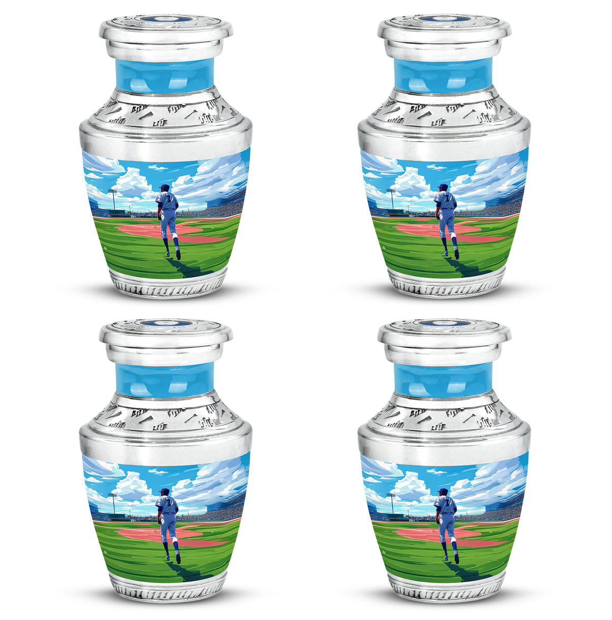 Icy Blue Baseball Cremation Urn back view with polished surface - contemporary baseball design with modern artistic flair - 10 inch aluminum urn for cremated remains