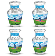Icy Blue Baseball Cremation Urn back view with polished surface - contemporary baseball design with modern artistic flair - 10 inch aluminum urn for cremated remains