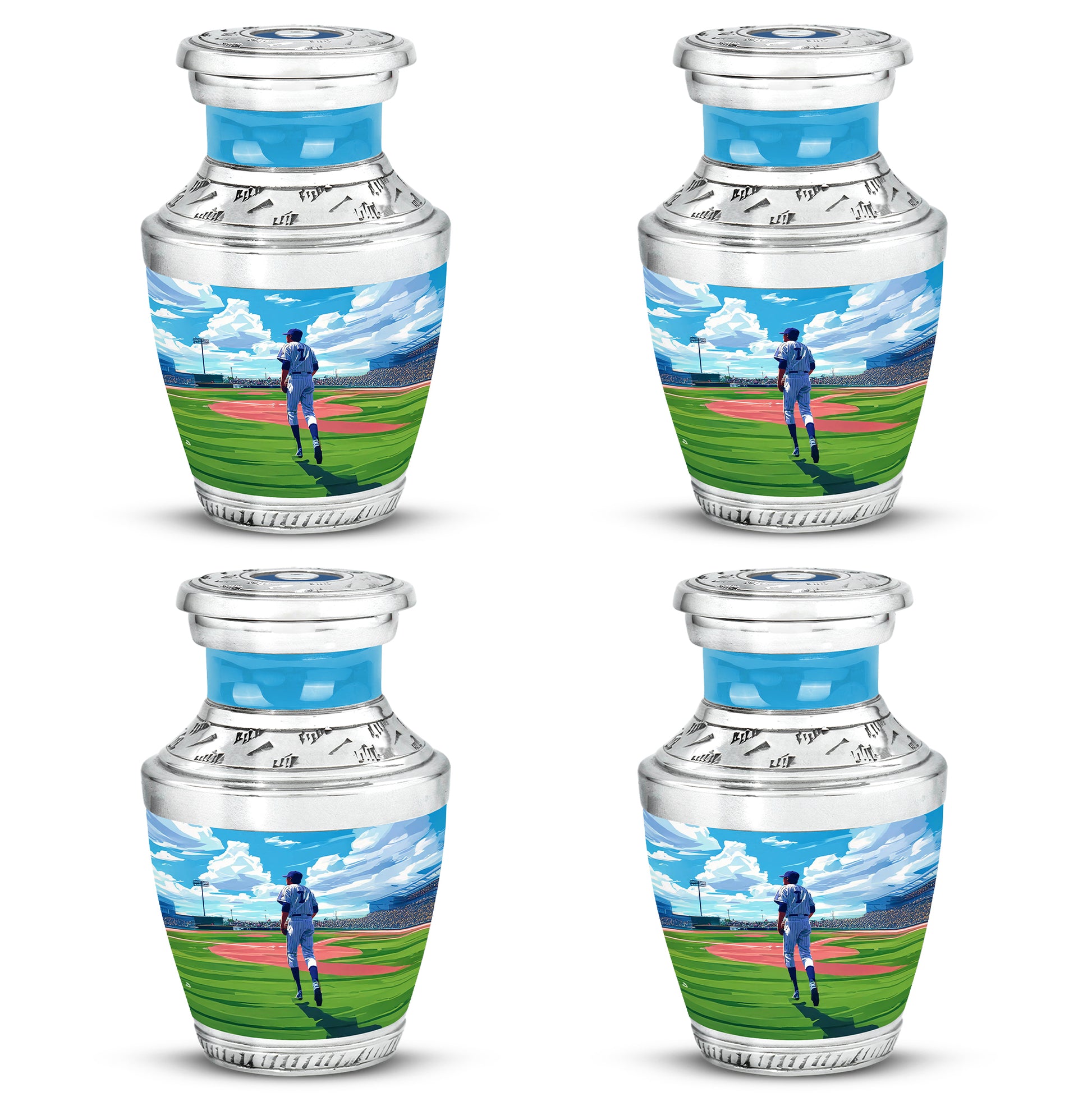 Icy Blue Baseball Cremation Urn back view with polished surface - contemporary baseball design with modern artistic flair - 10 inch aluminum urn for cremated remains