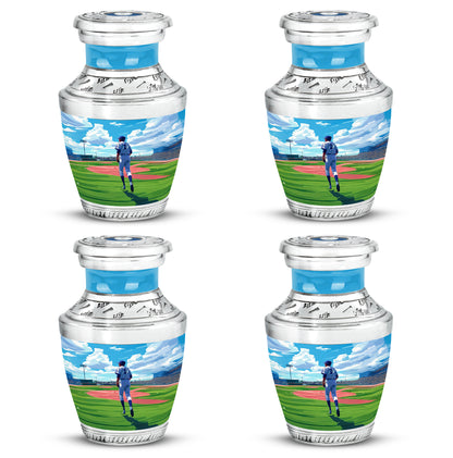 Icy Blue Baseball Cremation Urn back view with polished surface - contemporary baseball design with modern artistic flair - 10 inch aluminum urn for cremated remains