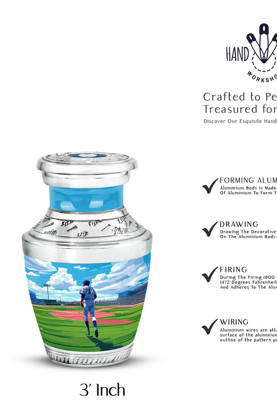 Navy Blue Baseball Cremation Urn top-down view of secure threaded lid - contemporary baseball design with modern artistic flair - mini keepsake memorial for portion of cremation ashes