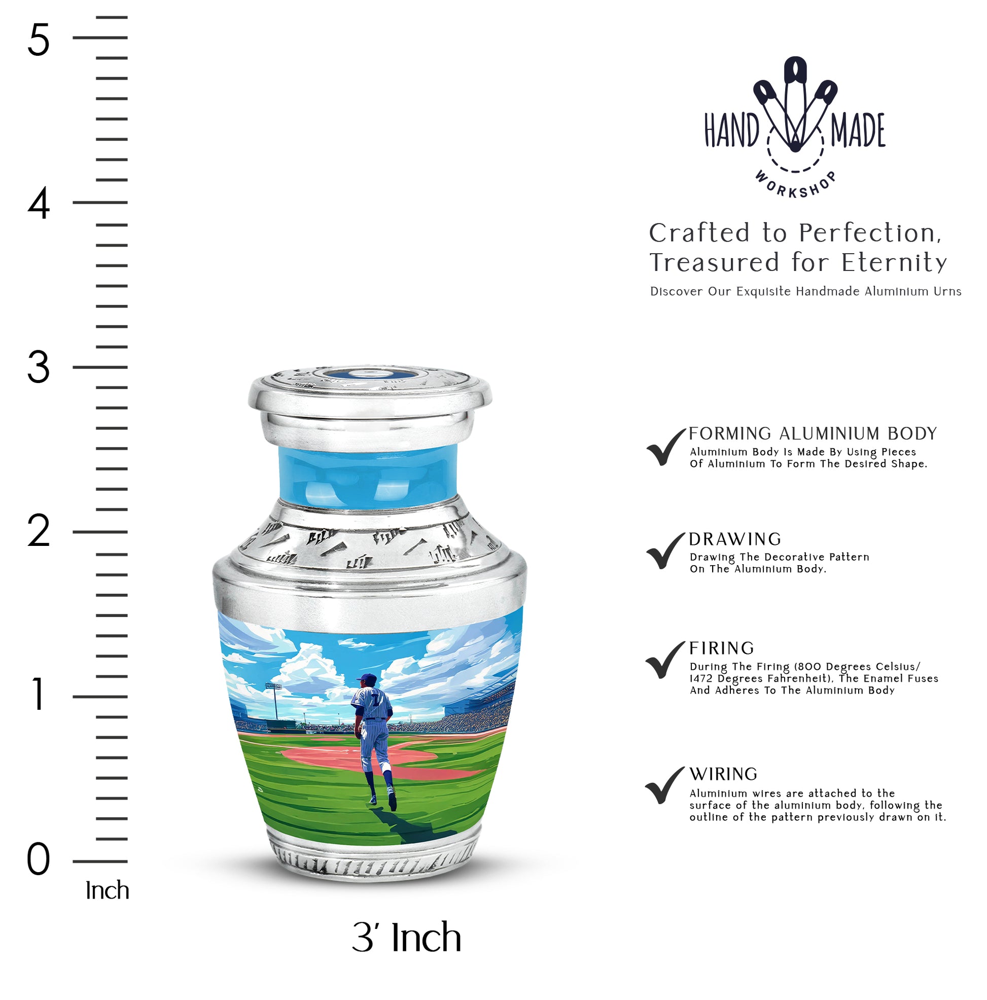 Navy Blue Baseball Cremation Urn top-down view of secure threaded lid - contemporary baseball design with modern artistic flair - mini keepsake memorial for portion of cremation ashes