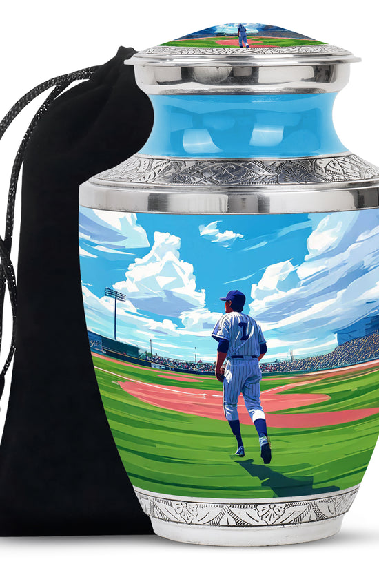 Vivid Blue Baseball Cremation Urn side profile showing urn shape - artistic baseball interpretation with creative detail - full-size 10 inch 200 cubic inch adult cremation urn
