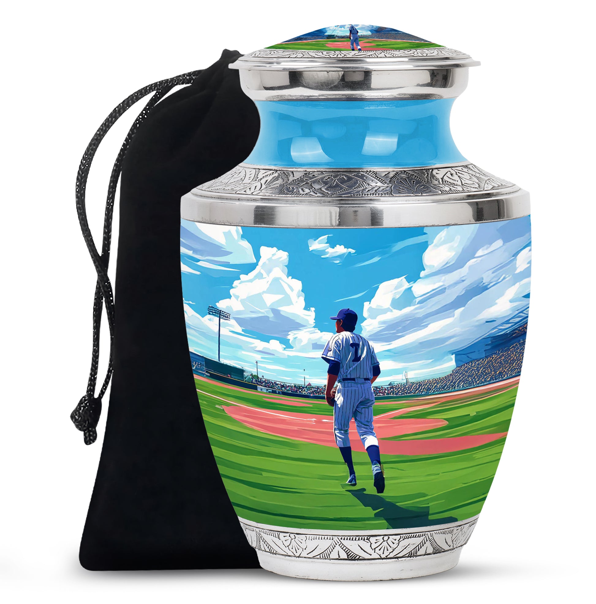 Vivid Blue Baseball Cremation Urn side profile showing urn shape - artistic baseball interpretation with creative detail - full-size 10 inch 200 cubic inch adult cremation urn
