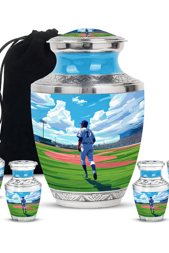 Royal Blue Baseball Cremation Urn lifestyle display on memorial shelf - stylized abstract baseball pattern with bold lines - memorial set with one large and four small urns