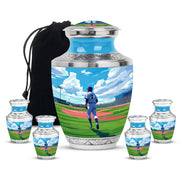 Royal Blue Baseball Cremation Urn lifestyle display on memorial shelf - stylized abstract baseball pattern with bold lines - memorial set with one large and four small urns