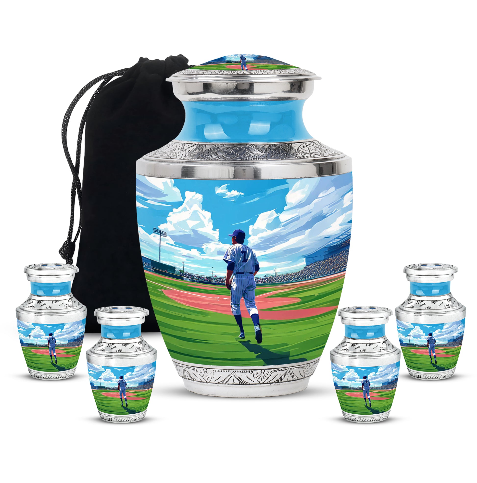 Royal Blue Baseball Cremation Urn lifestyle display on memorial shelf - stylized abstract baseball pattern with bold lines - memorial set with one large and four small urns