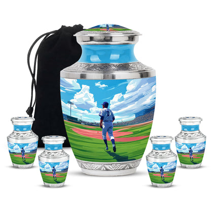 Royal Blue Baseball Cremation Urn lifestyle display on memorial shelf - stylized abstract baseball pattern with bold lines - memorial set with one large and four small urns