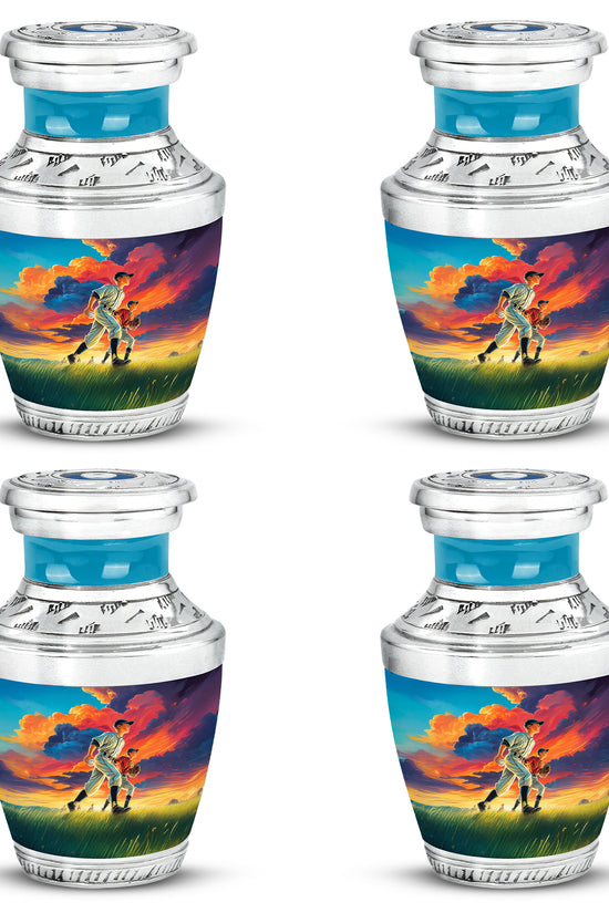 Cornflower Blue Baseball Cremation Urn back view with polished surface - artistic baseball interpretation with creative detail - 10 inch aluminum urn for cremated remains