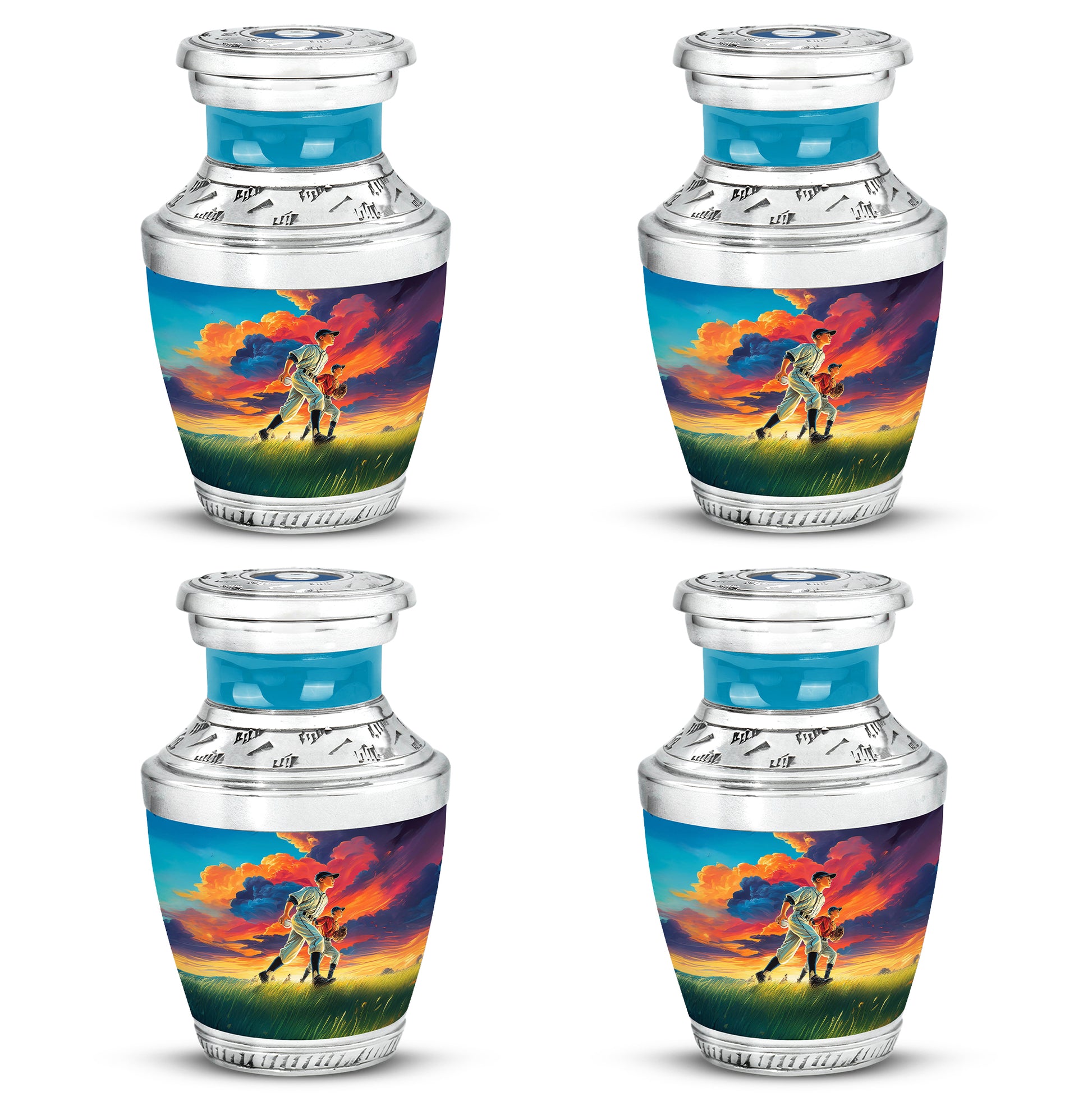Cornflower Blue Baseball Cremation Urn back view with polished surface - artistic baseball interpretation with creative detail - 10 inch aluminum urn for cremated remains