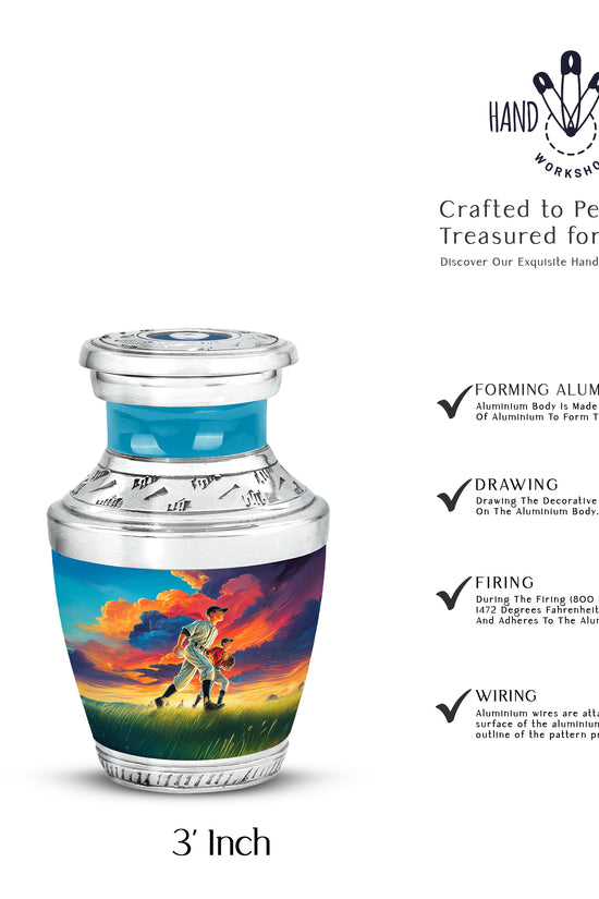 Serene Blue Baseball Cremation Urn top-down view of secure threaded lid - artistic baseball interpretation with creative detail - mini keepsake memorial for portion of cremation ashes